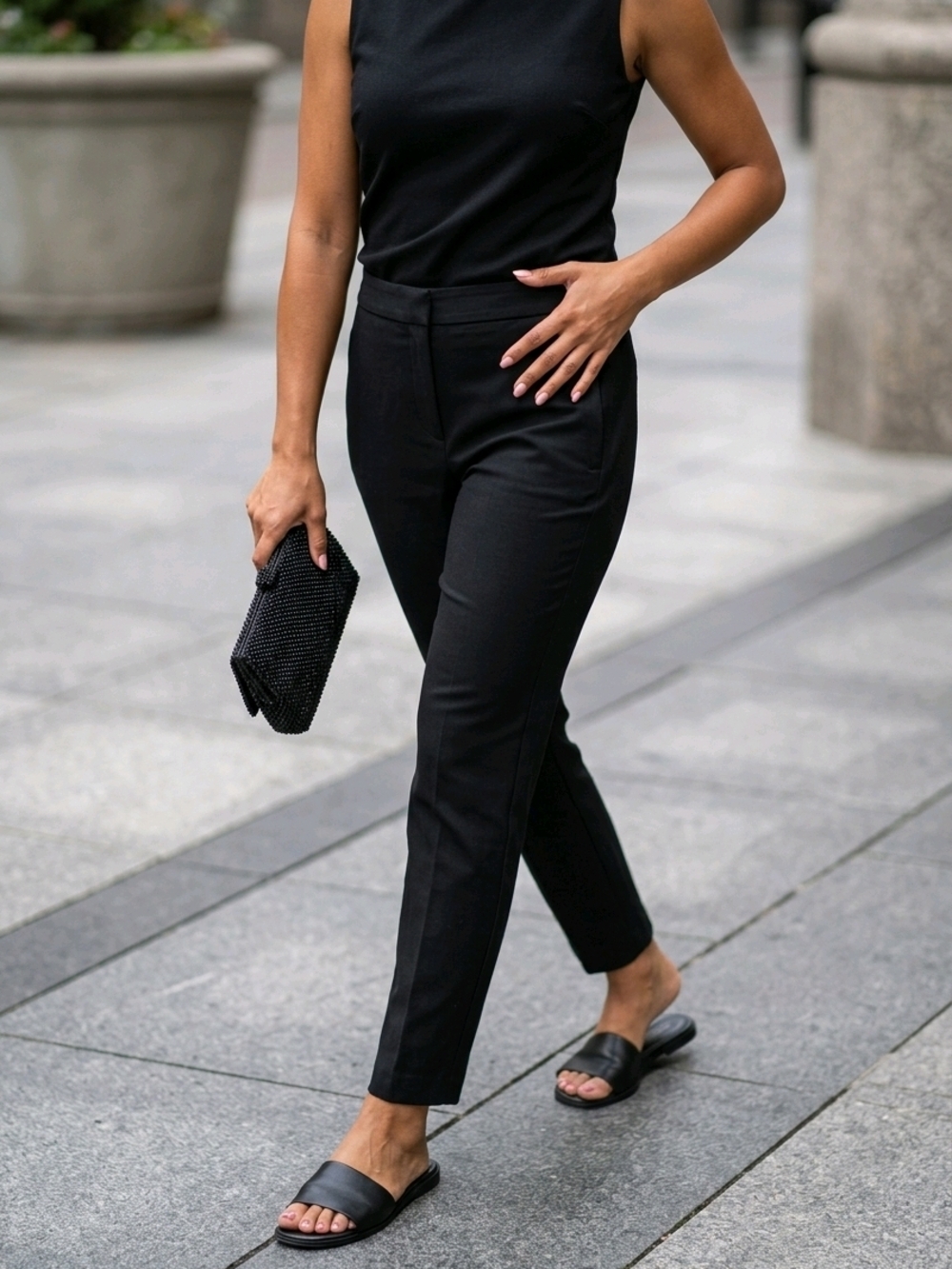 Black Slim Fit Tailored Trousers – High Waist Minimal Chic - Sz: 8